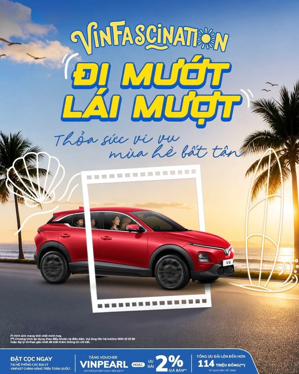 Khuyến mãi VF 6: tặng voucher Vinpearl hoặc ưu đãi 2% giá bán, tổng ưu đãi hơn 114 triệu đồng.